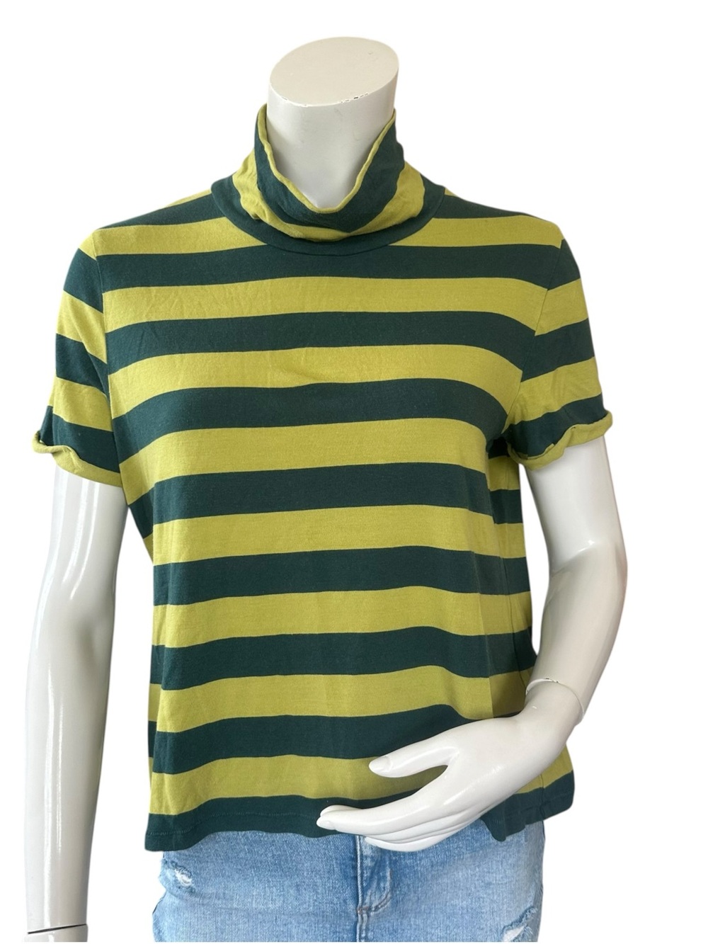 Anthropologie Maeve Green Two Tone Striped Short Sleeve Turtleneck Top Medium